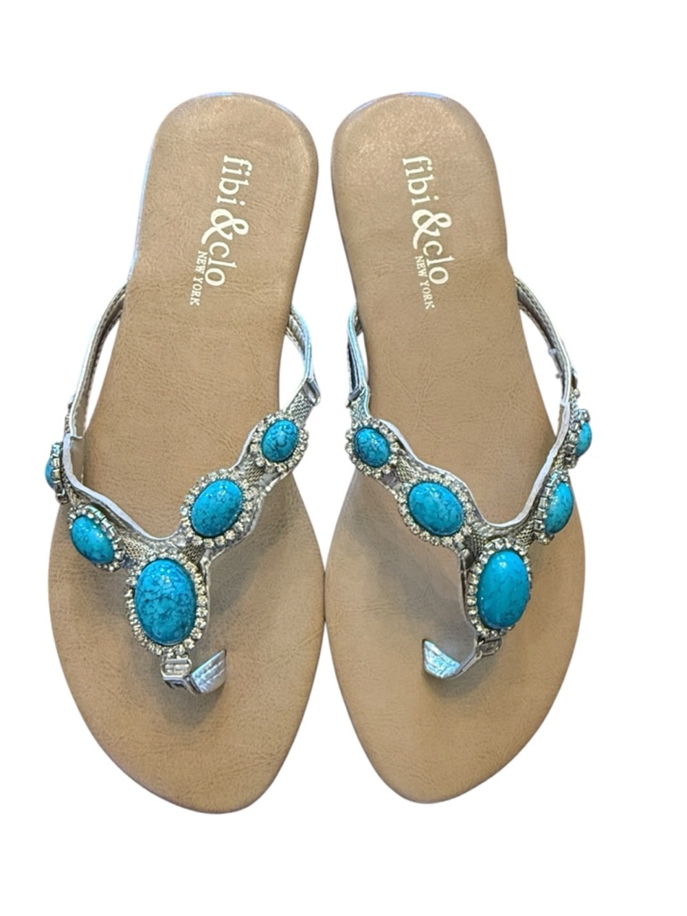 fibi & clo Turquoise Jeweled Thong Sandals Blue Stone Embellished Flip Flops New